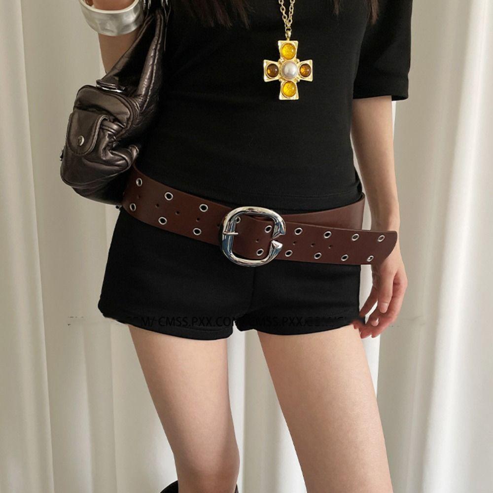 Vintage Leather Waistband Double-Row Hole Punk Style Belt Adjustable Women Wide Belt Men