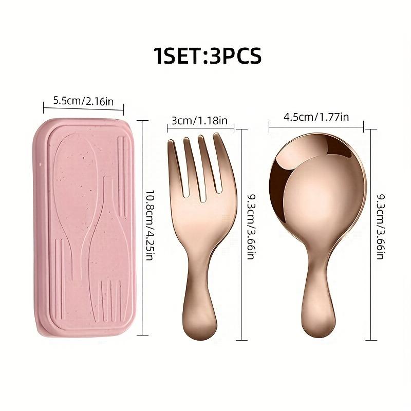 3pcs Portable Cutlery Set, Stainless Steel Short Handle Round Head Spoon, Mini Spoon and Fork Set Boxed