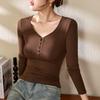 Chic Button Design T-shirt Women Fall New Slim Spice Sexy Long Sleeve Top