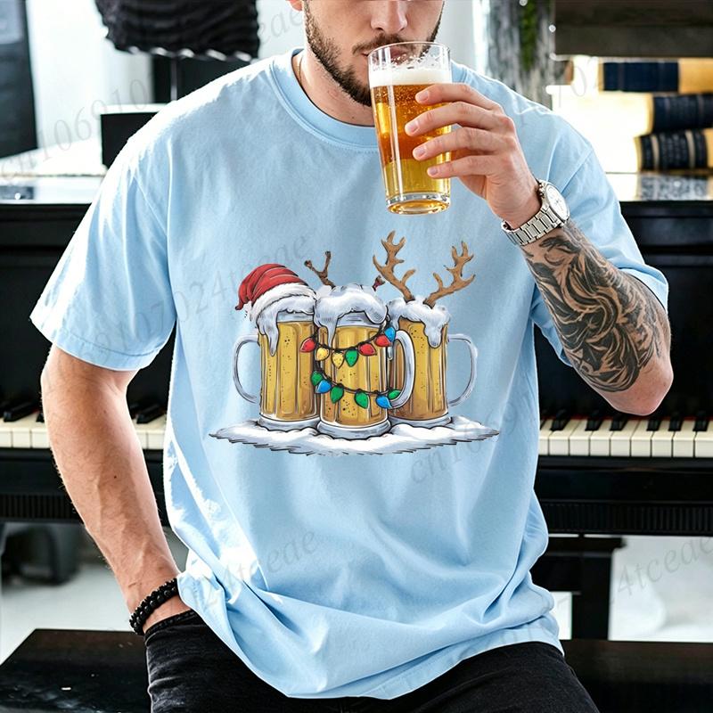 Men Christmas Beer Santa Hat Reindeer Print T Shirt Christmas Lights Funny Xmas Beer Lover Graphic Short Sleeve T-Shirts Tops