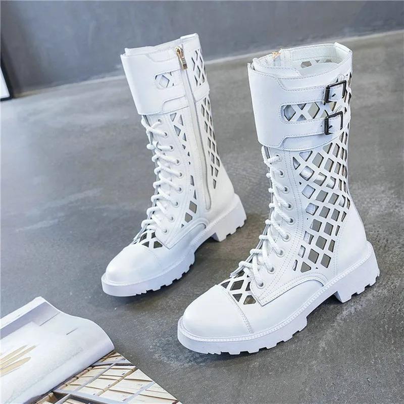 Женские летние ботфорты до колена с вырезами, сексуальные, с круглым носком, из коровьей кожи, на квадратном каблуке, женские ботильоны на молнии сзади