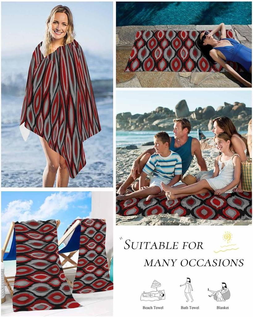 Beach Towel Modern Diamond Pattern Bath Pool Towels Red Geometric Lines Soft Absorbent Lightweight Large Quick Dry Swim Towels