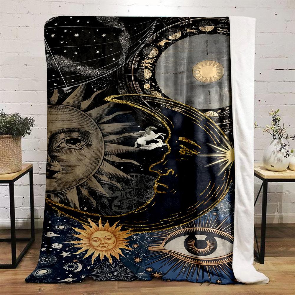 Mystic Sun Moon Stars Tapestry Illustration Patterned flannel blanket perfect for the bedroom living room, sofa, or a little nap