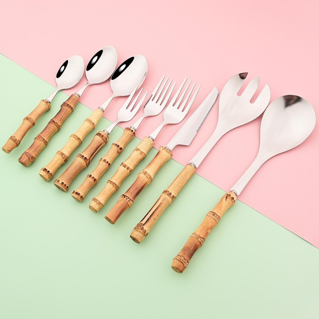 1Pc Wood Bamboo Handle Cutlery 304 Stainless Steel Dinnerware Serving Fork Spoon Flatware Knife Salad Fork Tea Spoon Tableware