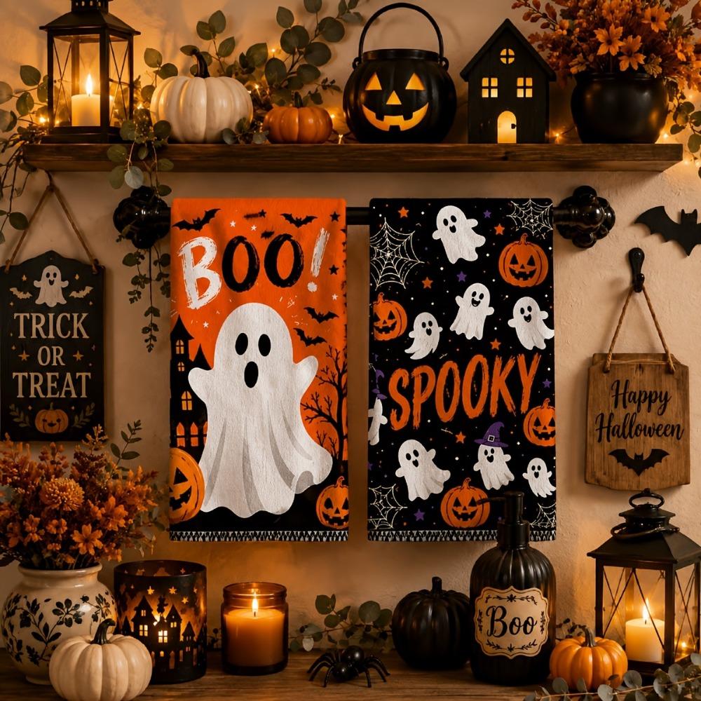 2PCS Ghost Pumpkin Pattern Halloween Kitchen Towel Ultra-Fine Fiber Dish Towel Bathroom