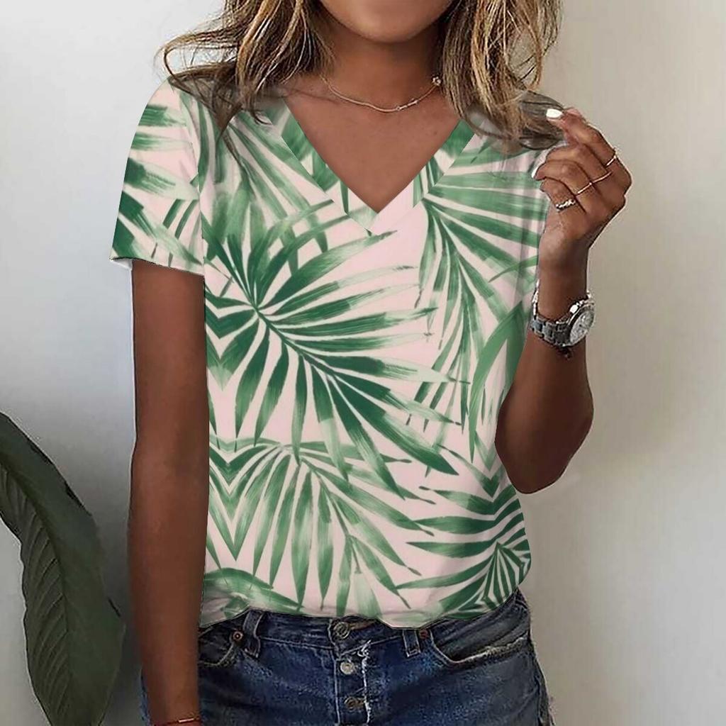 Футболка с 3D-принтом и цветочным принтом в виде тропических листьев, летние женские футболки с V-образным вырезом, топы Y2k, уличная одежда, футболки больших размеров в стиле Харадзюку, женская одежда