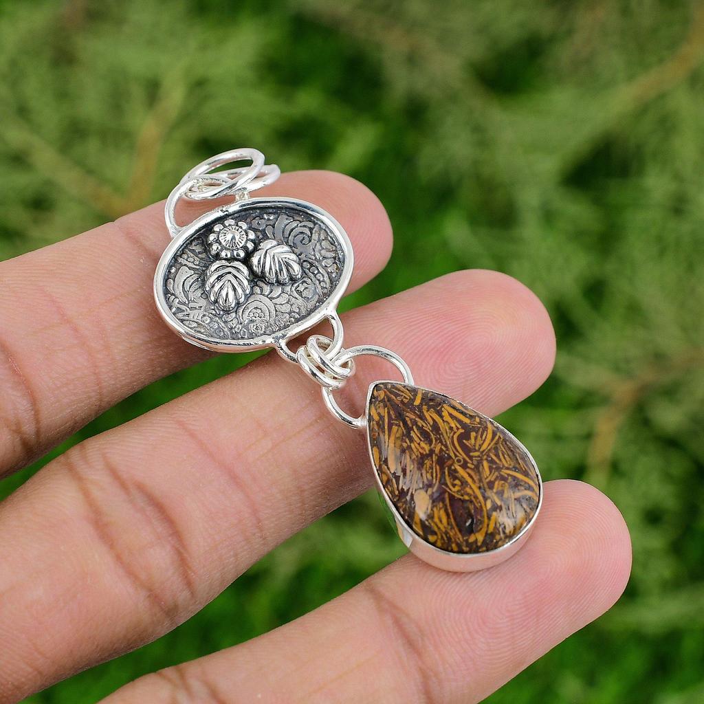 Daughters Day Deal Natural Mariam Jasper Boho Bezel Art Deco Pendant 925 Silver