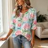 Women's Hand Drawn Rose Floral Print V-Neck Tie Ruffle 3/4 Sleeve Blouse, Casual Top for Office Commute