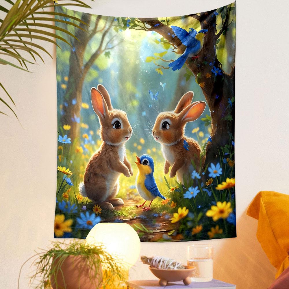 "Forest Bunnies and Bluebird Tale" Patterned Tapestry Decorative Wall Hanging, Home Bedroom Living Room Decor