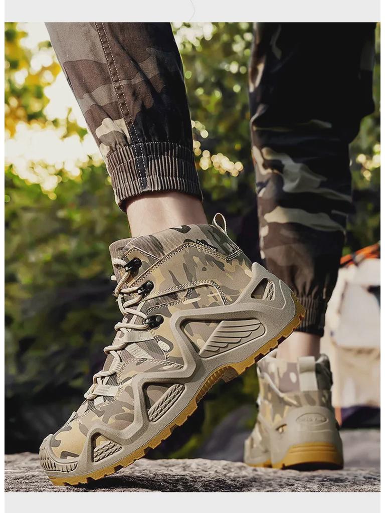 Men's Camouflage Oxford Waterproof Tactical Boots - Non-Slip, Large Size (45, 46) for Outdoor Rock Climbing & Hiking.