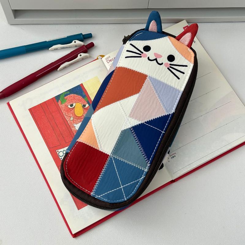 1 шт. Сумка для хранения с дизайном в стиле color block и мультяшным котом, пенал в японском стиле, пэчворк, милые школьные принадлежности для девочек