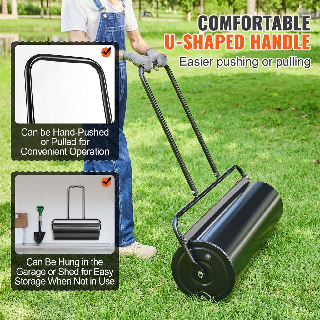Lawn Roller, 17 Gallon Sand/Water Filled Yard Roller, Steel Sod Roller with Easy-turn Plug and U-Shaped Ergonomic Handle for Convenient Push and Pull,