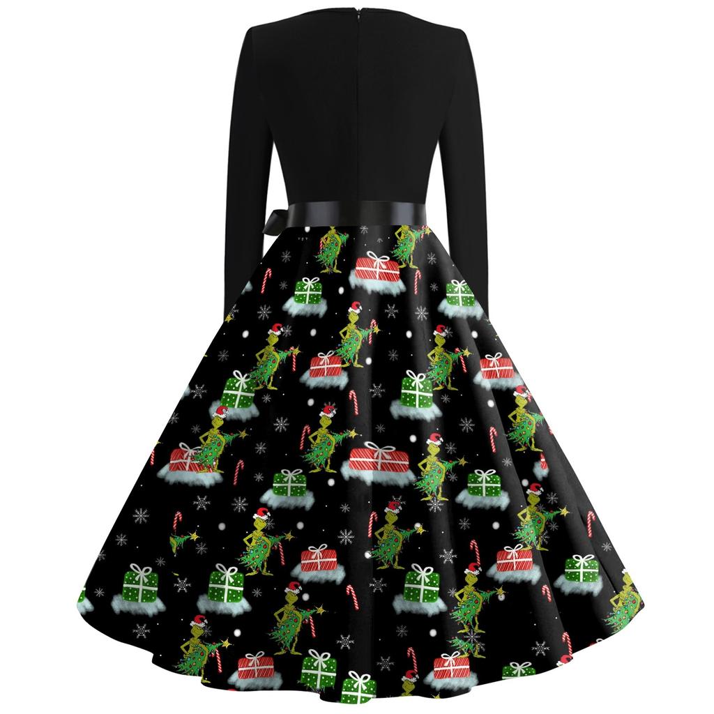 Женское повседневное рождественское платье с круглым вырезом и широкими рукавами, облегающее платье