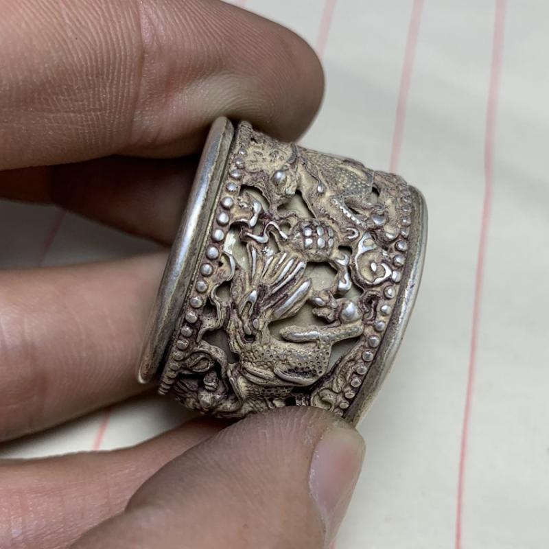 Collect Old China Tibet Silver Sculpture Force Miao Silver Relief Kylin Ring or Pendant Gift Mascot