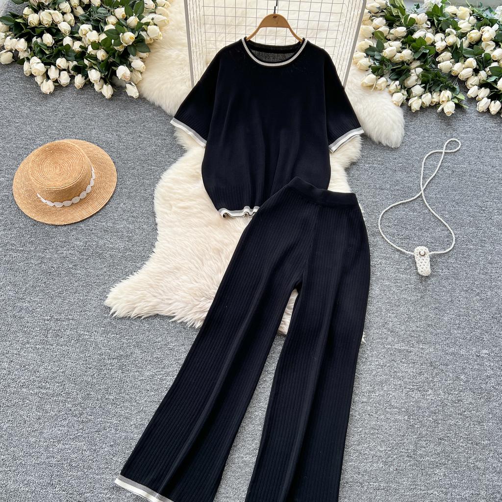 Летний женский трикотажный свитер, брюки, комплект из двух предметов, женский свитер с коротким рукавом, топ и брюки длиной до щиколотки, спортивный костюм