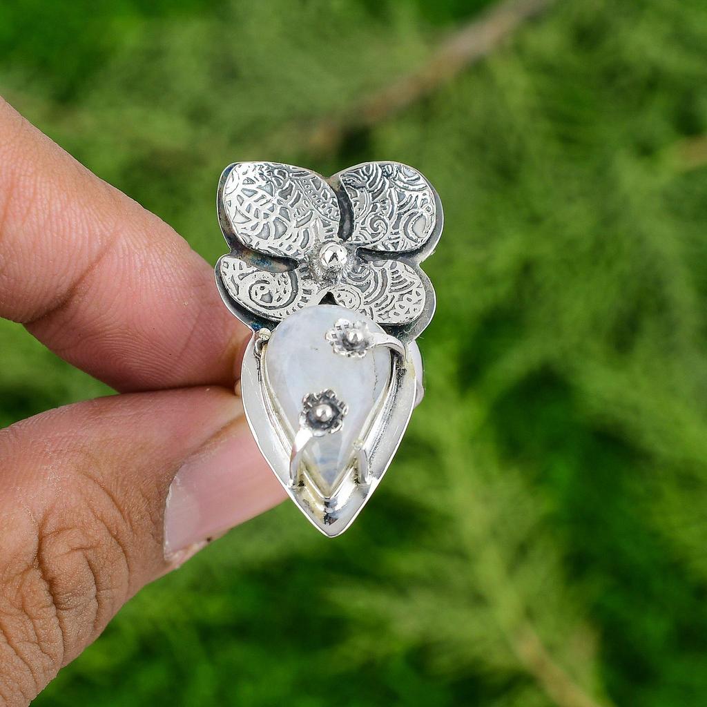 Rainbow Moonstone Gemstone 925 Sterling Silver Ethnic Sister Flower Ring Jewelry