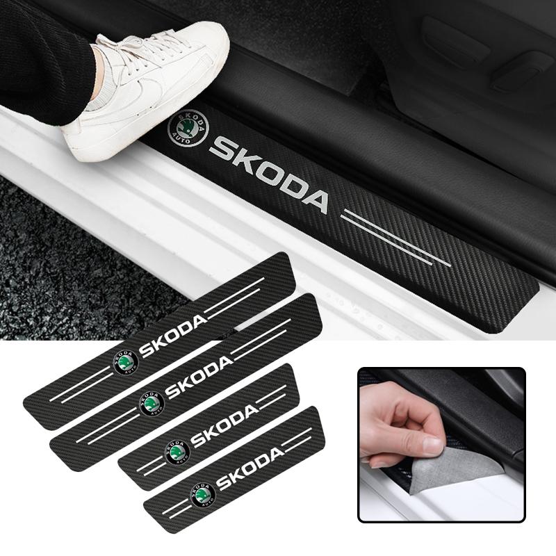 YJXH1 Car Door Sill Stickers Carbon Fiber Leather Anti-stepping Protector For Skoda Octavia VRS Rapid Kodiaq Fabia Karoq Superb Scala