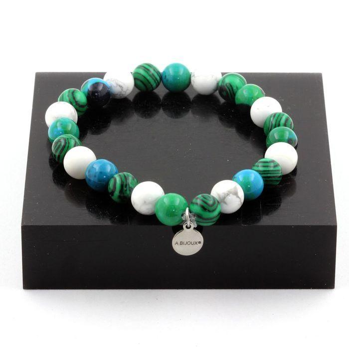 Stones and Minerals. Chrysocolla + Howlite + Malachite Beaded Bracelet 8 Mm. Made In France.