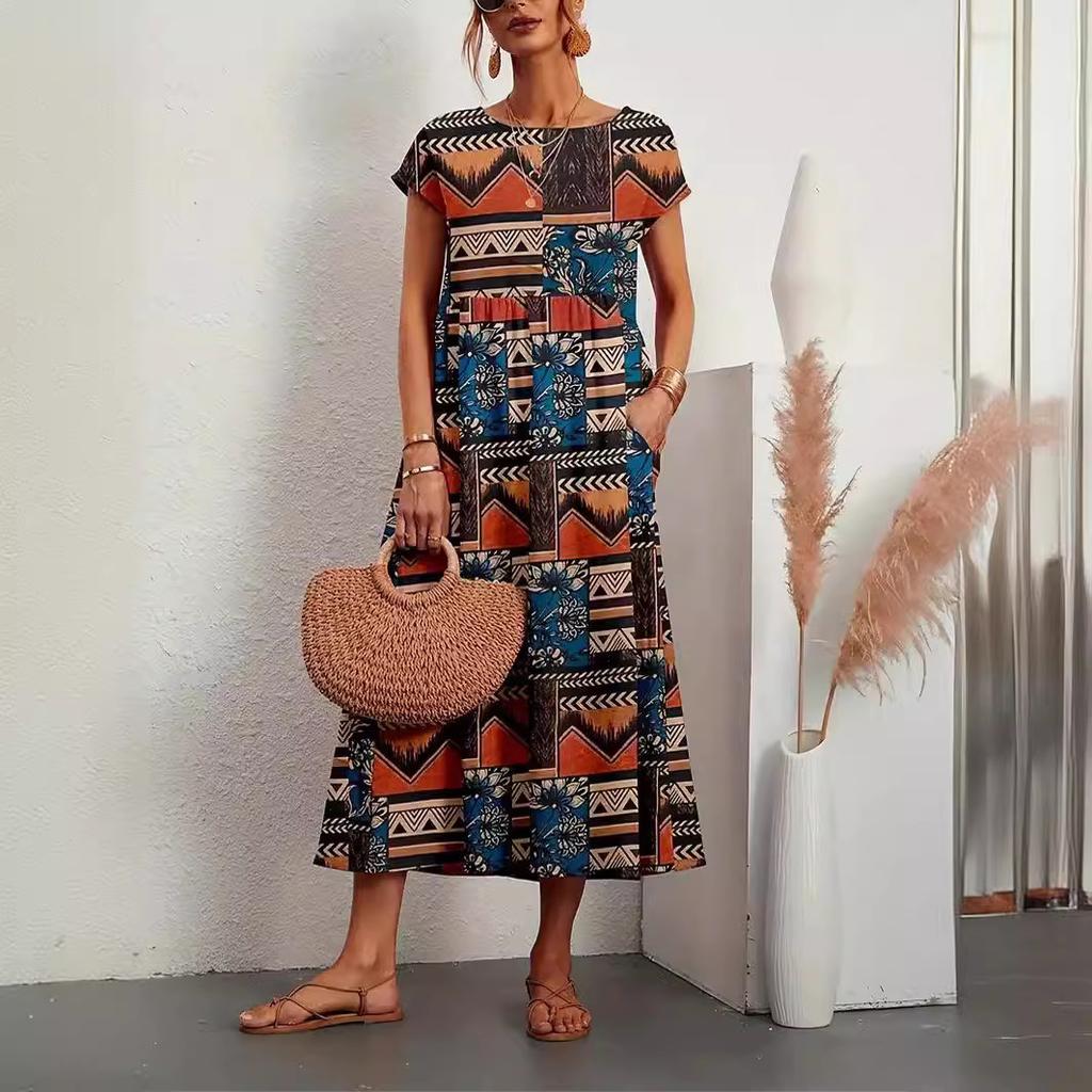 Women Dress Round Neck Printed Short Sleeved A-line Maxi Skirt Unique Floral Long Dresses