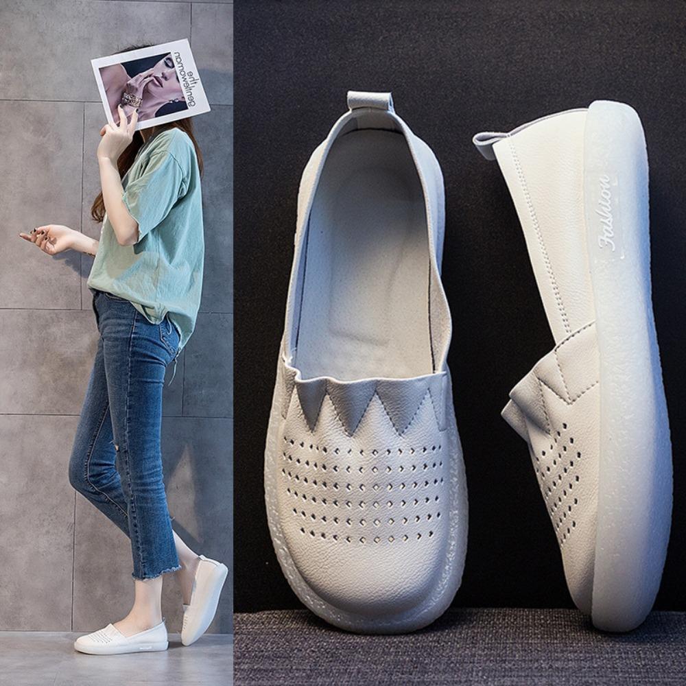 Женская кожаная повседневная обувь, новые дышащие женские туфли на мягкой подошве, кожаные мокасины с полостью, туфли на плоской подошве, женские, большого размера 43 44