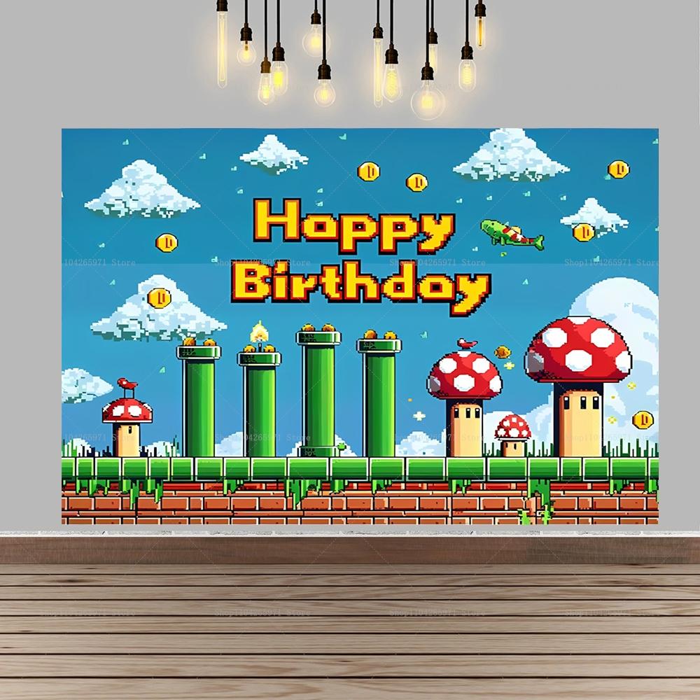 Cartoon Super Mario Game Backdrop Happy Birthday Mushroom Coin Green Mountain Kids Boys Birthday Party Vinyl Photography Banner