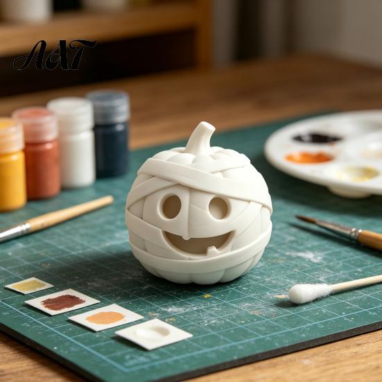 Hand Painted Ghost Ornament 3D Printed Halloween Mummy Figurine, Blank DIY Paintable Bandage Pumpkin Statue, Creative Holiday Gift Mini Desktop