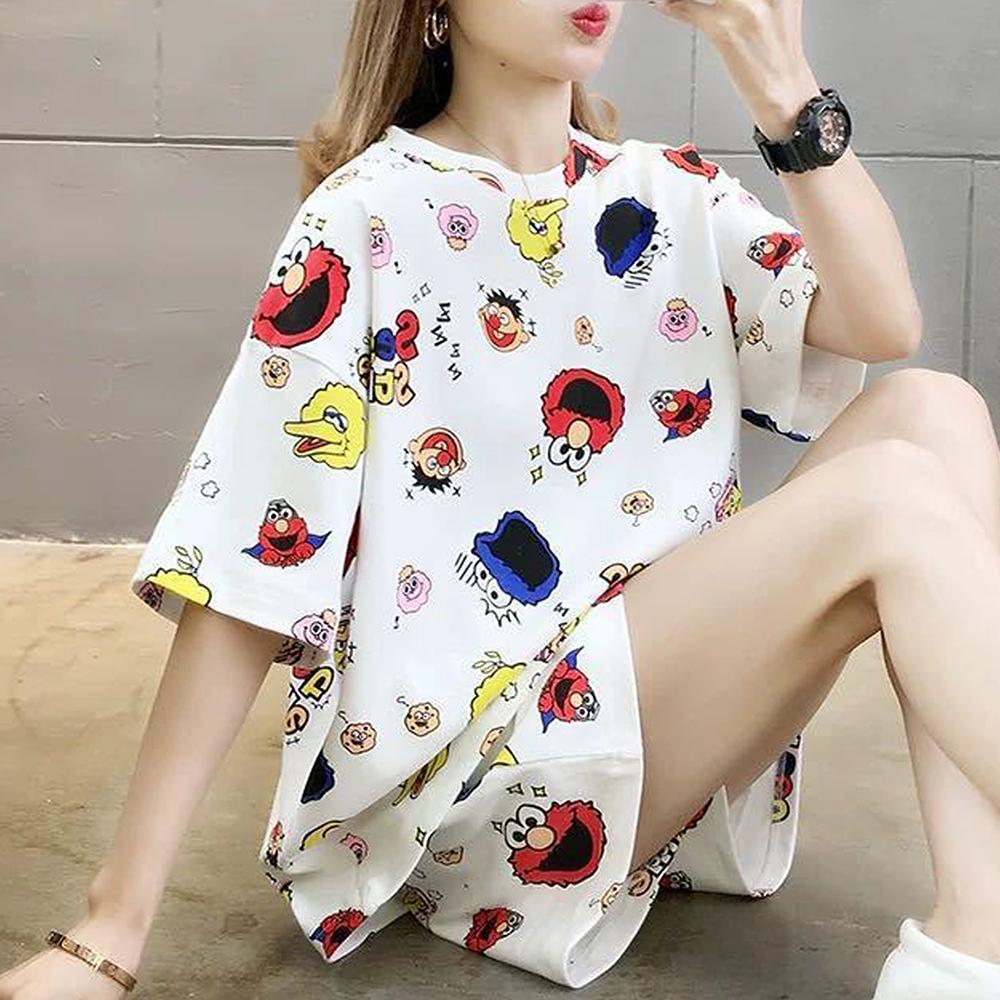 Printed Pajamas Cartoon Suit 2pcs Women Summer Short Sleeve T Shirt And Shorts