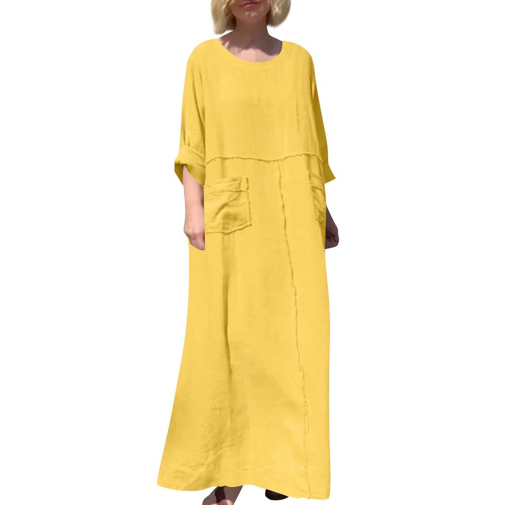 Women's Fashion Solid Color Round Neck Cotton Linen Long Sleeved Casual Pleated Double-sided Pocket Dress