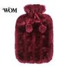 Reusable Hot Water Bag 2L Bottle with Plush Cover, Pompom Drawstring Bag, Winter Warm for Hands, Feet, Stomach Lightweight