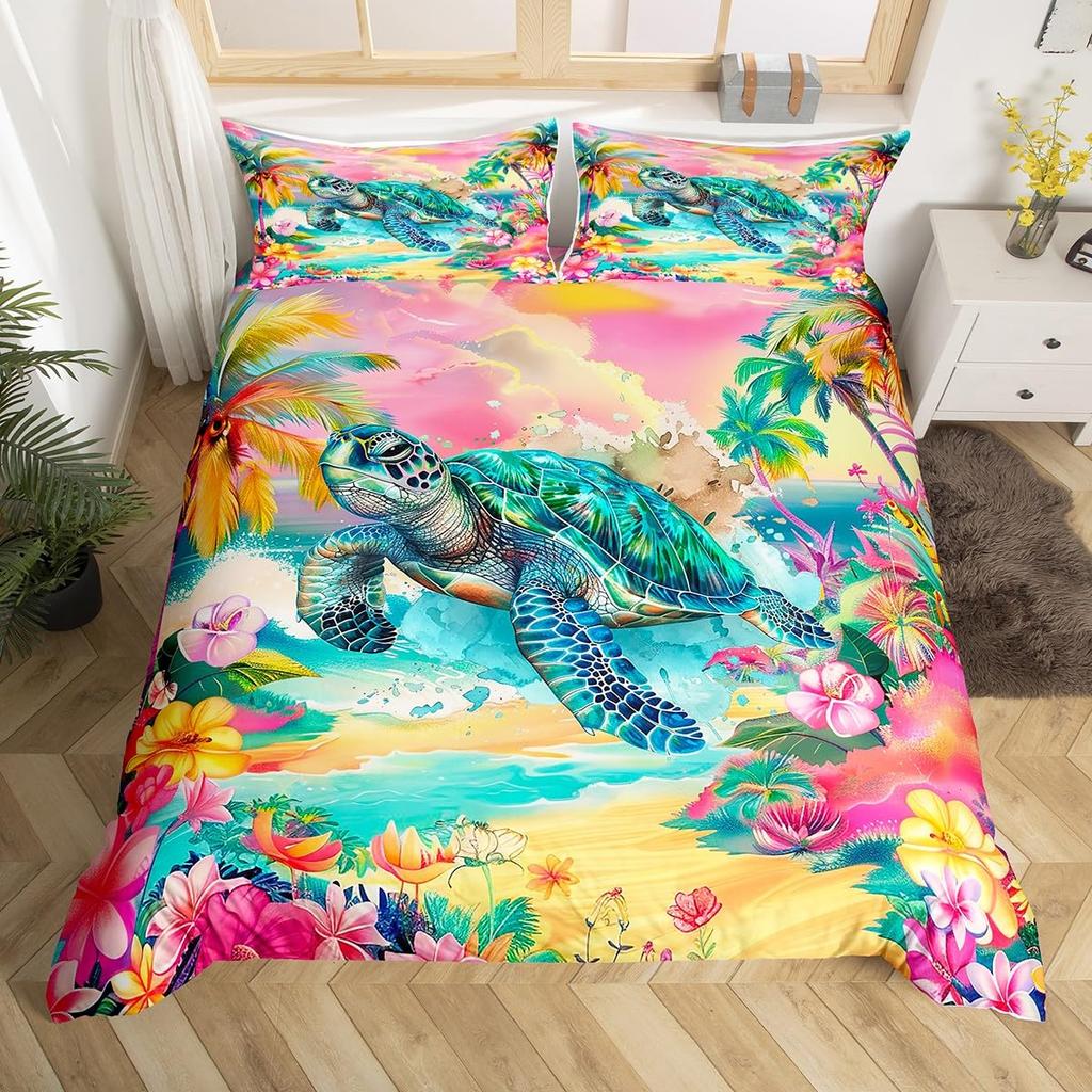 Turtle Butterfly And Flower Duvet Cover For Kids Boys Girls Lightweight Quilt Cover With 2 Pillowcase Cartoon Turtle Bedding Set