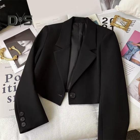 Women Suit Coat Formal Business Style Turn-down Collar Button Decor Slim Fit Short Solid Color Long Sleeves Cardigan Single Button Closure OL Commute