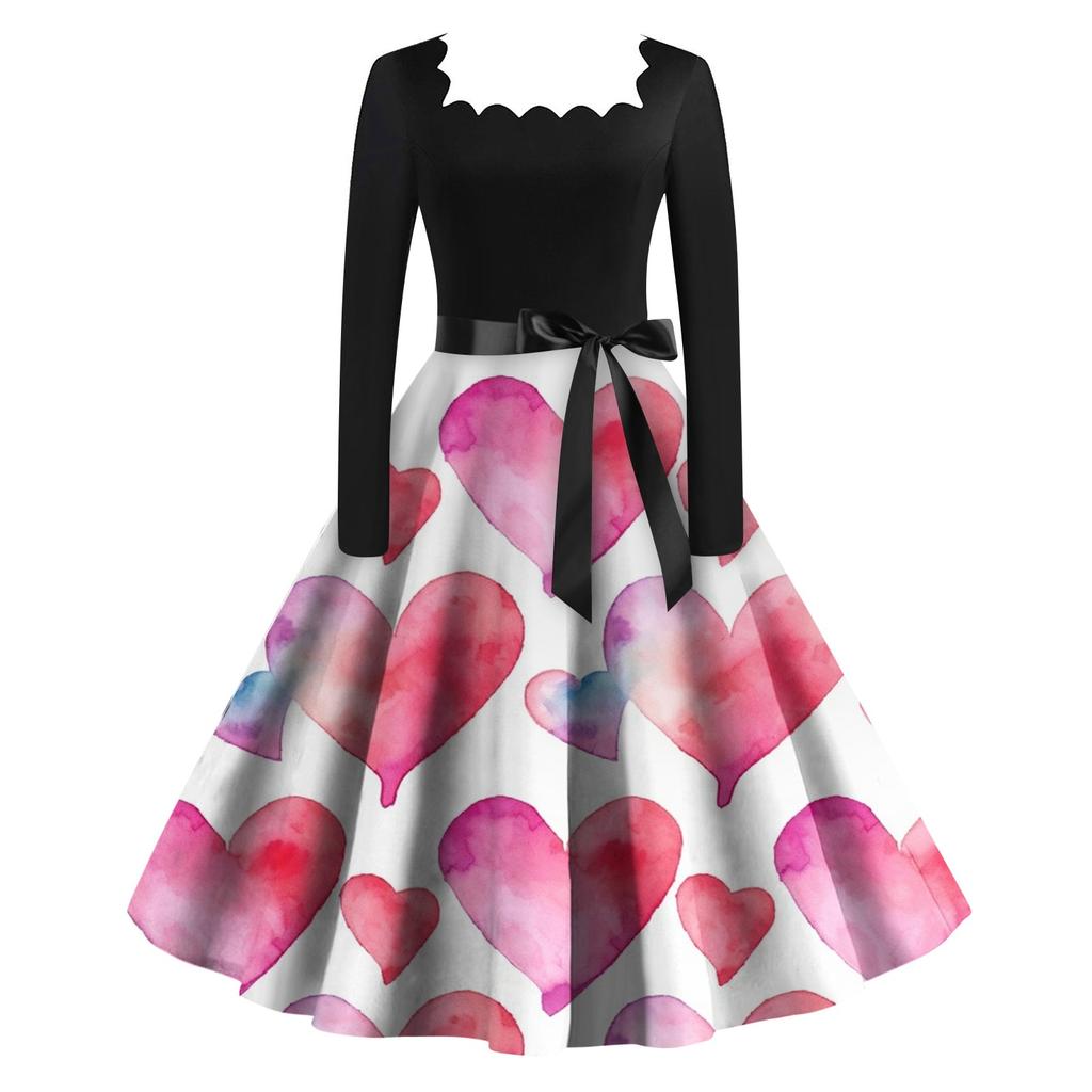 Женское винтажное классическое платье с длинным рукавом и принтом ко Дню святого Валентина, свободное платье с квадратным воротником