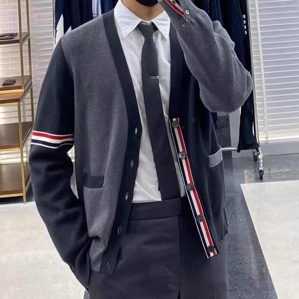 Autumn/Winter Unisex Double Sleeve Cotton Cardigan – Red, White & Blue Color Block with Five Buttons