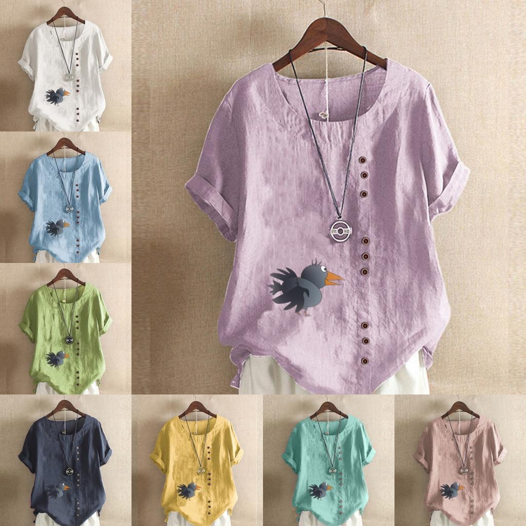 Women's Fashion Round Neck Short Sleeve T-shirt Casual Cotton Linen Graphic Shirt Leisure Loose Crow Prined Summer Blouse Tops