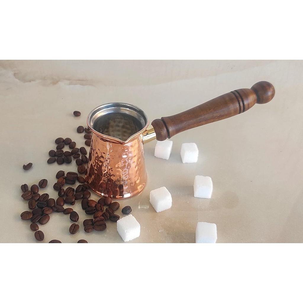 Pure Copper with Tin Lining Inside Turkish Kettle Mug with Wooden Handle & Hammered Design, Coffee Tea Mug Pourer, Volume - 400 ML