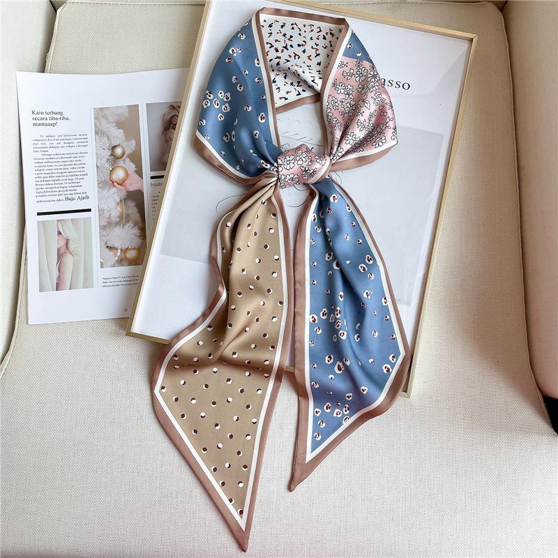 Printed silk scarf Korean version narrow scarf silk scarf double-layer double-sided scarf long scarf tied hair elegant headscarf women tied bag summer
