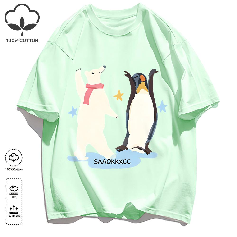 Penguins And Polar Bears Dance Together Retro T-Shirt Unisexs Loose Cotton Tee Trendy Summer Clothing Unisex All-Match Streetwear