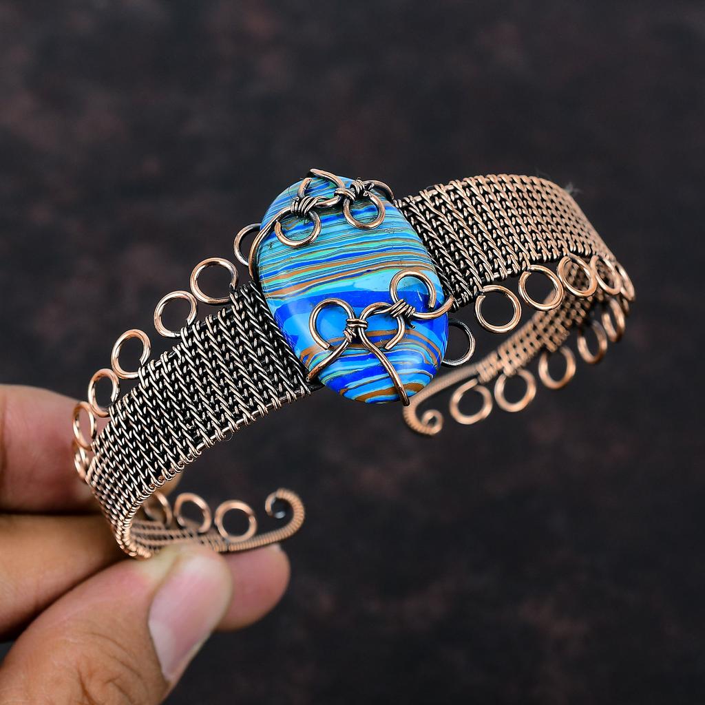 Радужный кальцит браслет-манжета с обмоткой из медной проволоки браслет-манжета из драгоценного камня ручной работы регулируемый браслет медные украшения подарок для невесты