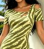 Women Summer Green Base Pink Floral Print Bodycon Midi Dress Short Sleeve Cold Shoulder Slim Fit Sexy Cutout Dress