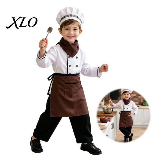 Polyester Chef Uniform for Kids Costume Boys And Girls, Comfortable Cooking Outfit with Stage Performance Suit Apron Hat Role Play Baking Activities