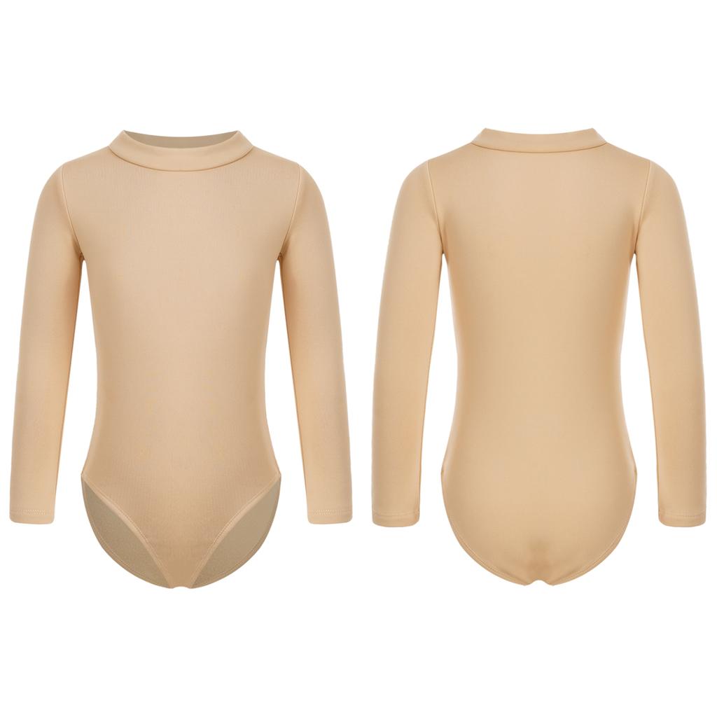 Nude Kids Girls Fleece Long Sleeve Leotard Solid Color Bodysuit Gymnastics Ballet Dance Training Costume