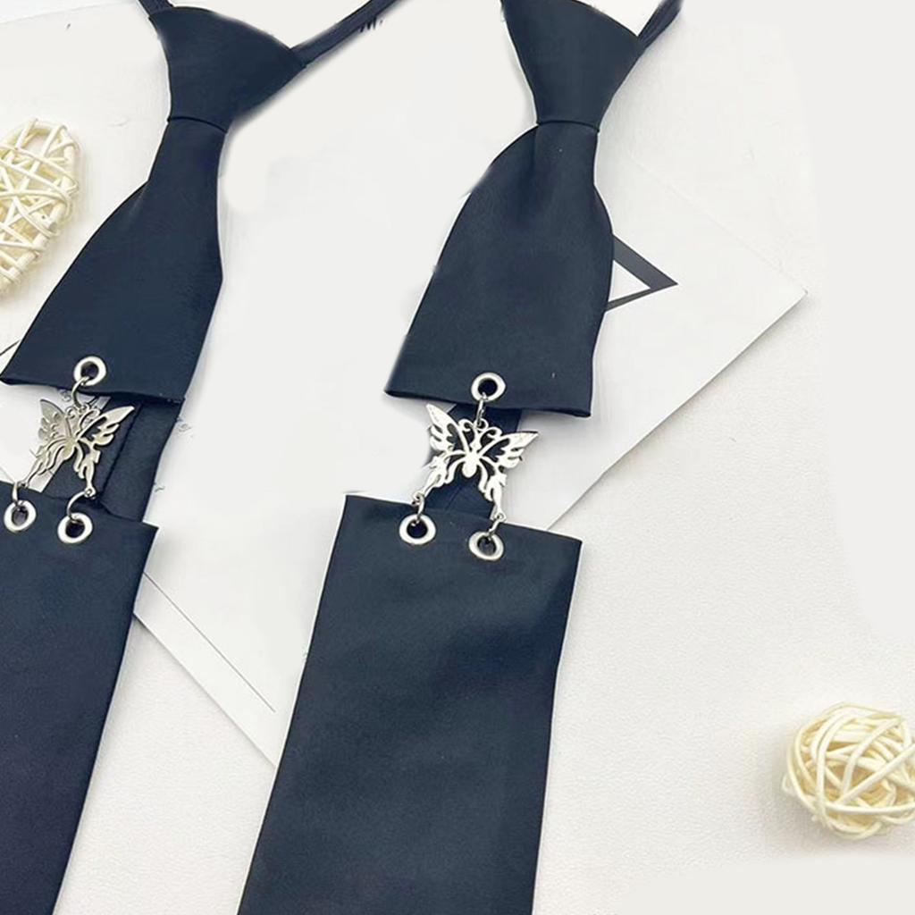 Aesthetic Punk Metal Butterfly Link Pre Tied Tie Japanese School Uniform Adjustable Black Necktie Neckwear for Women Men