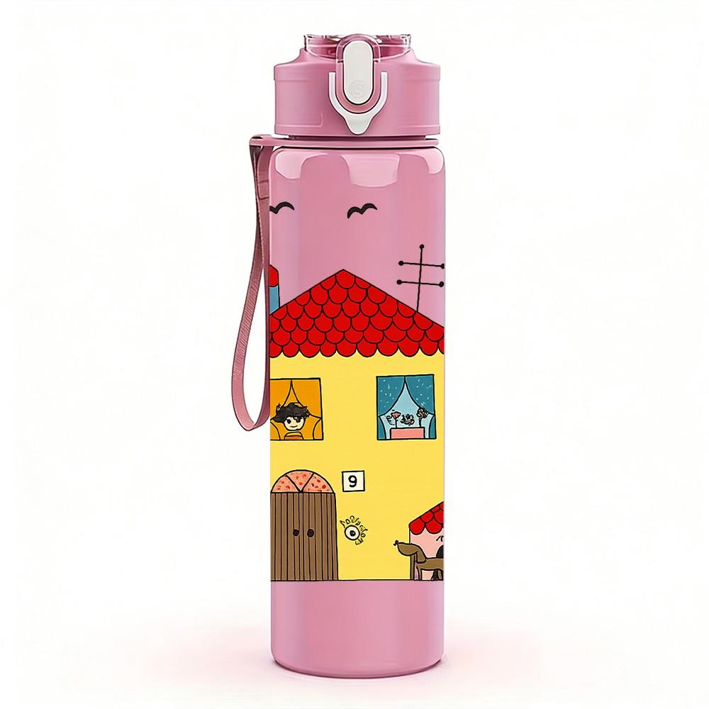 1PC Country Small House Print 750ml Color Plastic Sports Water Bottle Leakproof Flip Straw Lid Suitable for Sports Office Home Use