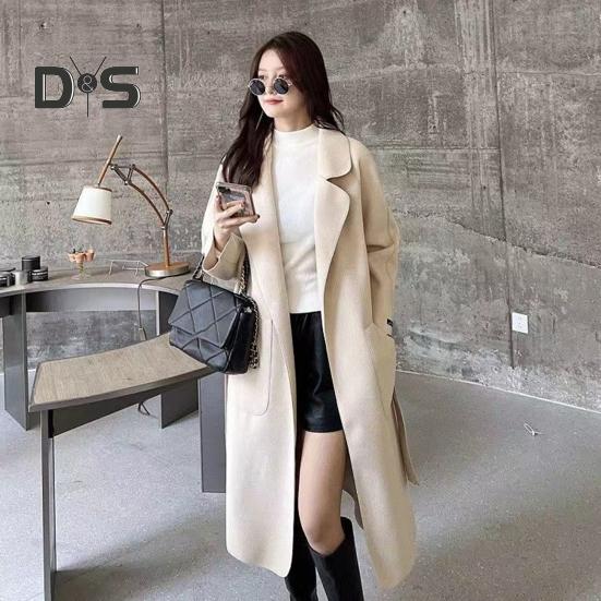 Fall Winter Women Overcoat Turn Down Collar Long Sleeve Open Stitch Pockets Loose Mid Length Solid Color Soft Warm Thick Lady Mid Calf Length Coat