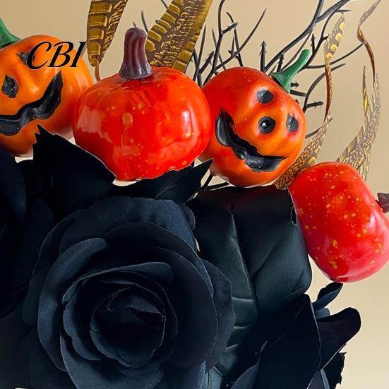 Autumn Harvest Bouquet Halloween Flowers Decorations, Black Artificial with Pumpkin Rose Eucalyptus Maple Leaf And Orange Floral Stems, Indoor