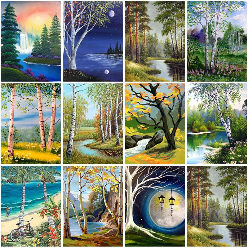 DIY Forest Tree 5D Diamond Painting Full Round Drill Scenic Diamond Embroidery Cross Stitch Mosaic Kits Wall Art Home Decor