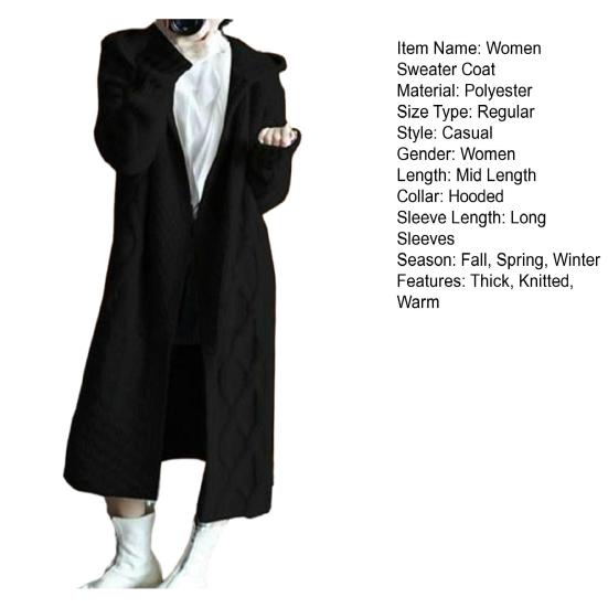 Women Winter Sweater Coat Knitted Thick Hooded Long Sleeve Mid-calf Length Loose Cardiagn Open Stitch Solid Color Soft Oversized Midi Autumn Jacket