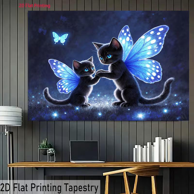 2D Magical Fairy Cats Backdrop Glowing Black Kittens with Wings and Fireflies Party Photo Background