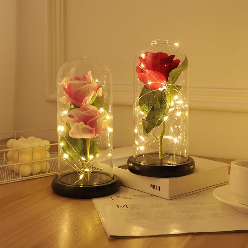 Glass Cover Immortal Rose Flower Ornaments LED Luminous Artificial Flower Creative Christmas Valentine's Day Gift
