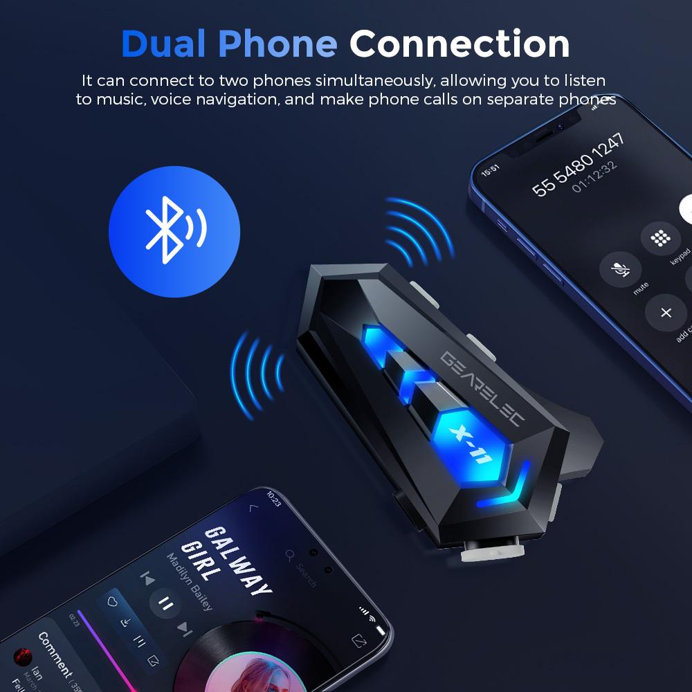 Гарнитура Bluetooth для мотоциклетного шлема GEARLEC X-11 IP67 Водонепроницаемые беспроводные наушники BT 5.3 с динамиками 40 мм Двойное подключение к телефону